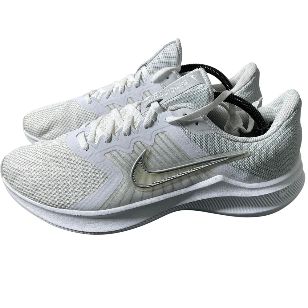Nike Downshifter 11 Women 12 White Metallic Silver Running Shoes CW3413-100
